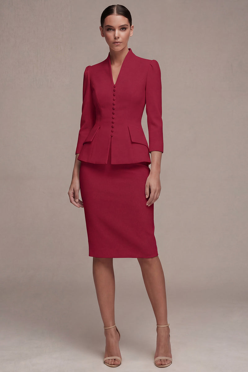 Laden Sie das Bild in den Galerie-Viewer, Elfenbein 3/4-Ärmel Schal-Revers 2-teiliges Einreihiges Midi-Businesskleid