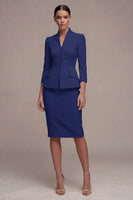Laden Sie das Bild in den Galerie-Viewer, Elfenbein 3/4-Ärmel Schal-Revers 2-teiliges Einreihiges Midi-Businesskleid