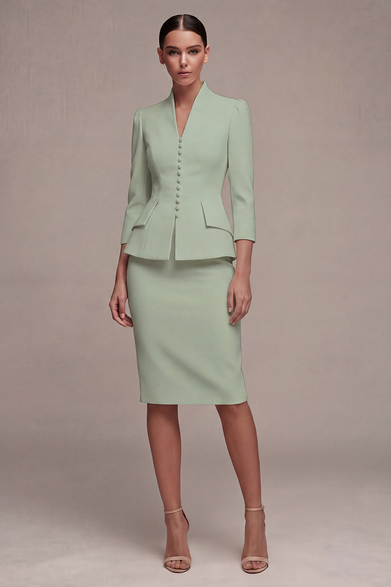 Laden Sie das Bild in den Galerie-Viewer, Elfenbein 3/4-Ärmel Schal-Revers 2-teiliges Einreihiges Midi-Businesskleid