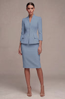 Laden Sie das Bild in den Galerie-Viewer, Elfenbein 3/4-Ärmel Schal-Revers 2-teiliges Einreihiges Midi-Businesskleid