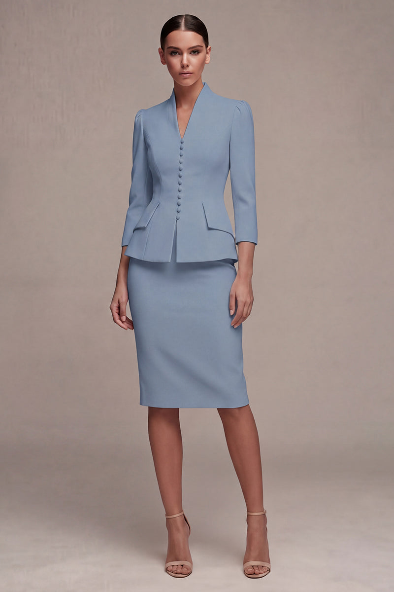 Laden Sie das Bild in den Galerie-Viewer, Elfenbein 3/4-Ärmel Schal-Revers 2-teiliges Einreihiges Midi-Businesskleid
