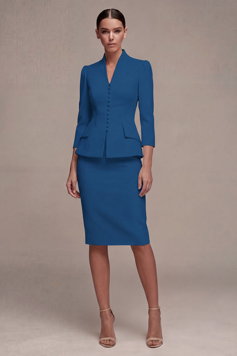 Laden Sie das Bild in den Galerie-Viewer, Elfenbein 3/4-Ärmel Schal-Revers 2-teiliges Einreihiges Midi-Businesskleid