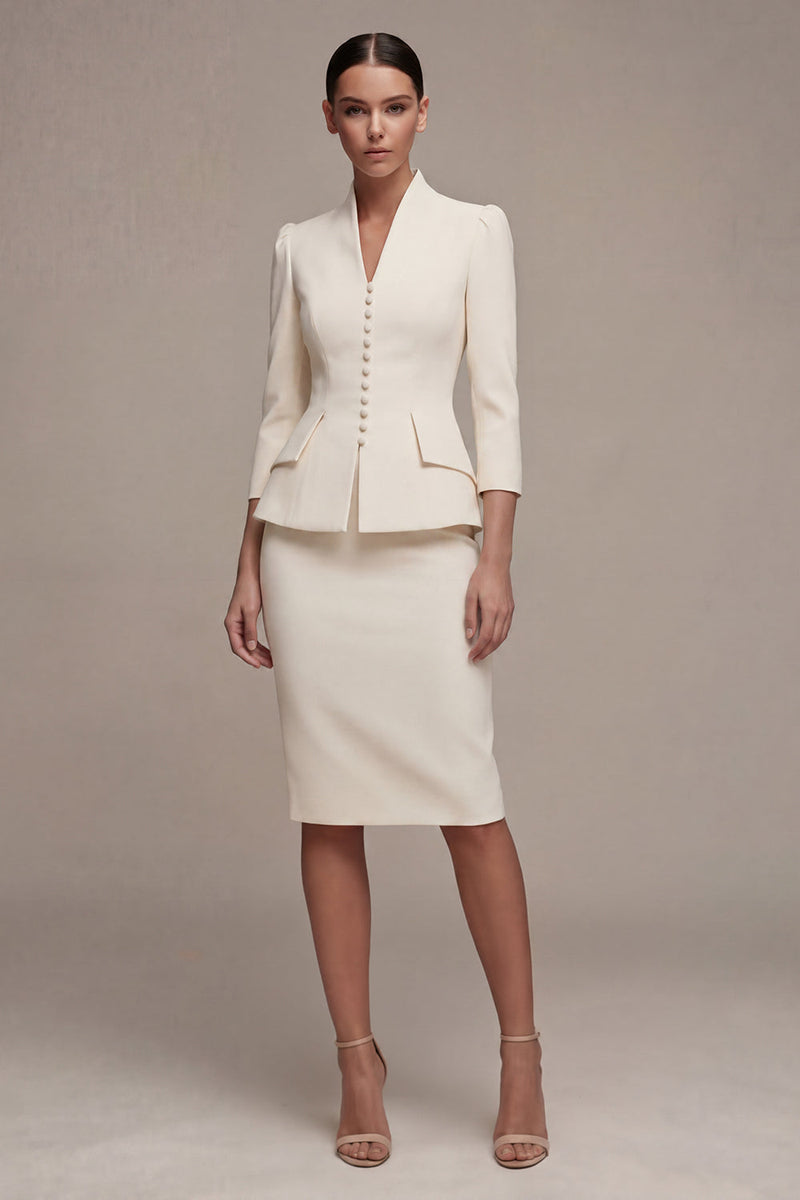 Laden Sie das Bild in den Galerie-Viewer, Elfenbeinfarbenes 3/4-Ärmel-Schal-Revers 2-teiliges einreihiges Midi-Businesskleid