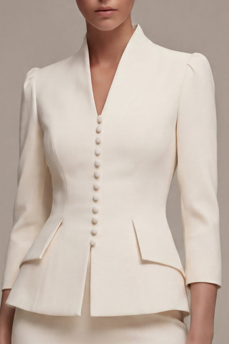 Laden Sie das Bild in den Galerie-Viewer, Elfenbeinfarbenes 3/4-Ärmel-Schal-Revers 2-teiliges einreihiges Midi-Businesskleid