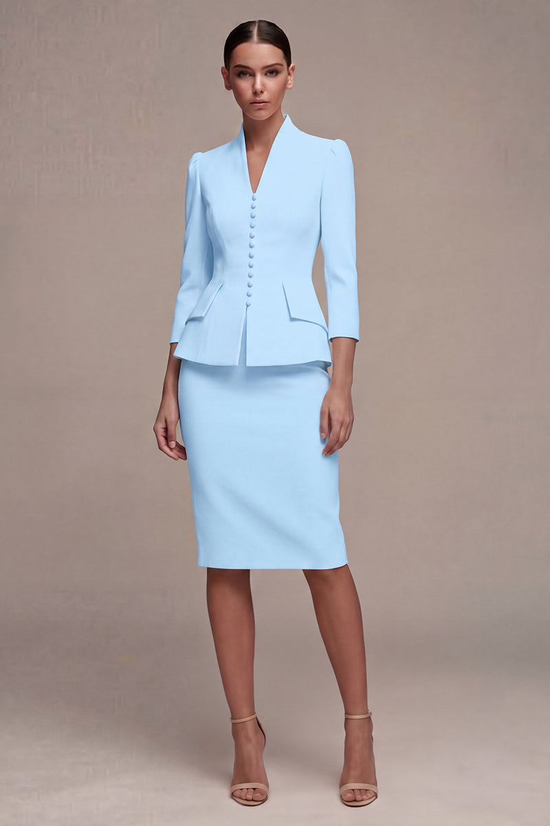 Laden Sie das Bild in den Galerie-Viewer, Elfenbein 3/4-Ärmel Schal-Revers 2-teiliges Einreihiges Midi-Businesskleid
