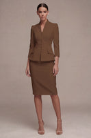 Laden Sie das Bild in den Galerie-Viewer, Elfenbein 3/4-Ärmel Schal-Revers 2-teiliges Einreihiges Midi-Businesskleid