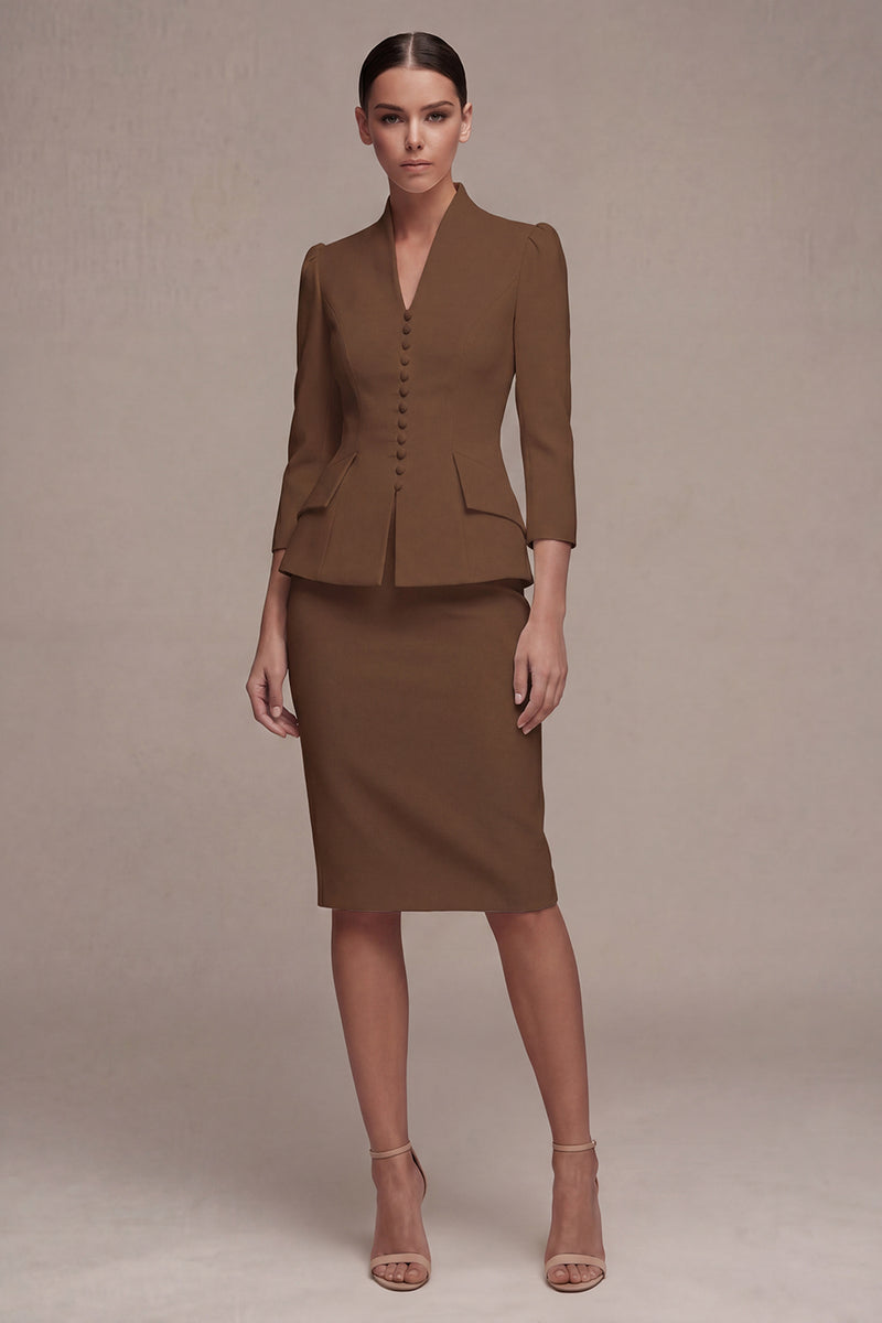 Laden Sie das Bild in den Galerie-Viewer, Elfenbein 3/4-Ärmel Schal-Revers 2-teiliges Einreihiges Midi-Businesskleid