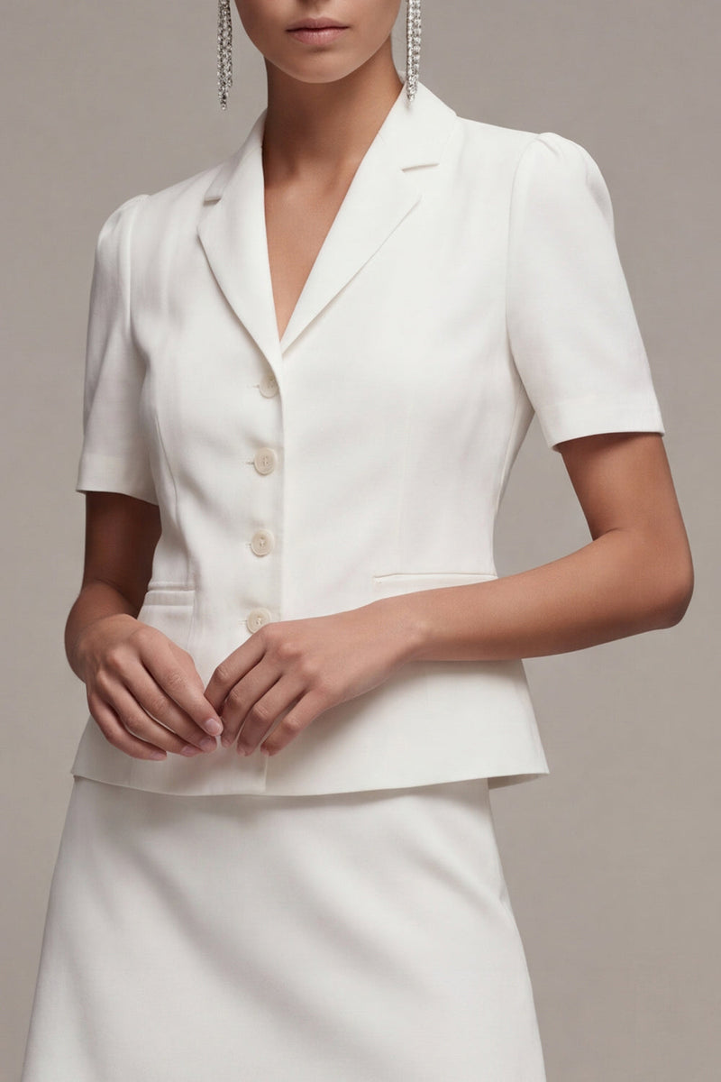 Laden Sie das Bild in den Galerie-Viewer, Weißes, zweiteiliges einreihiges kurzes Businesskleid mit 2-teiligen Revers und Ärmeln