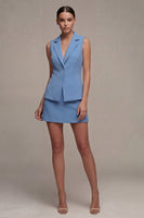 Laden Sie das Bild in den Galerie-Viewer, Stahlblaues zweiteiliges Revers Slim Fit, einreihiges kurzes Businesskleid