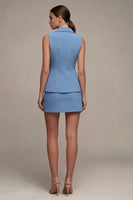 Laden Sie das Bild in den Galerie-Viewer, Stahlblaues zweiteiliges Revers Slim Fit, einreihiges kurzes Businesskleid