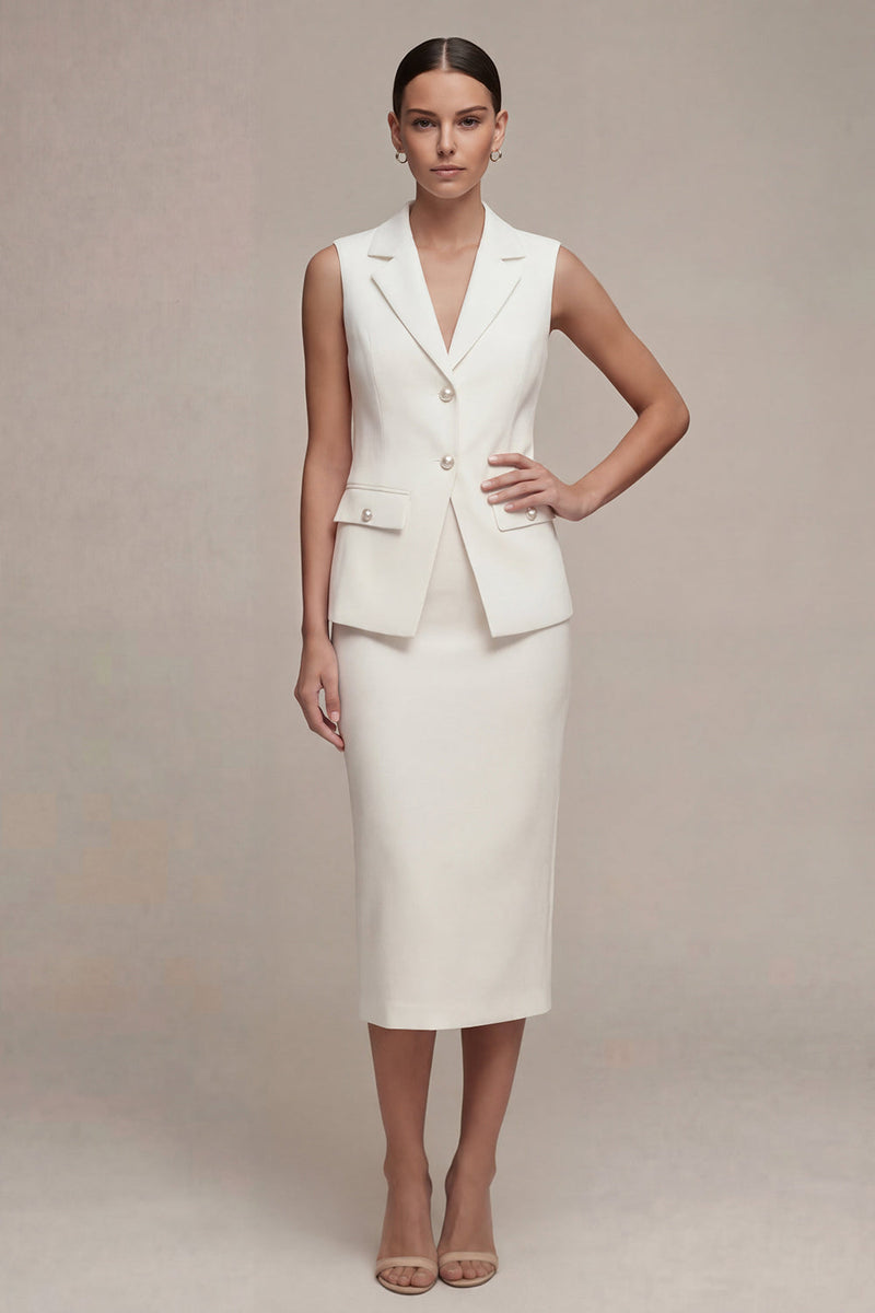 Laden Sie das Bild in den Galerie-Viewer, Einreihiges weißes Midi-Zweiteiliges Revers-Business-Kleid mit Rückenschlitz