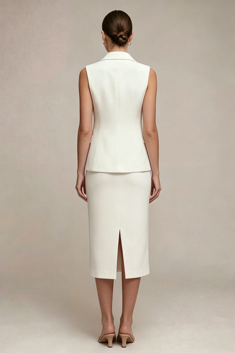 Laden Sie das Bild in den Galerie-Viewer, Einreihiges weißes Midi-Zweiteiliges Revers-Business-Kleid mit Rückenschlitz