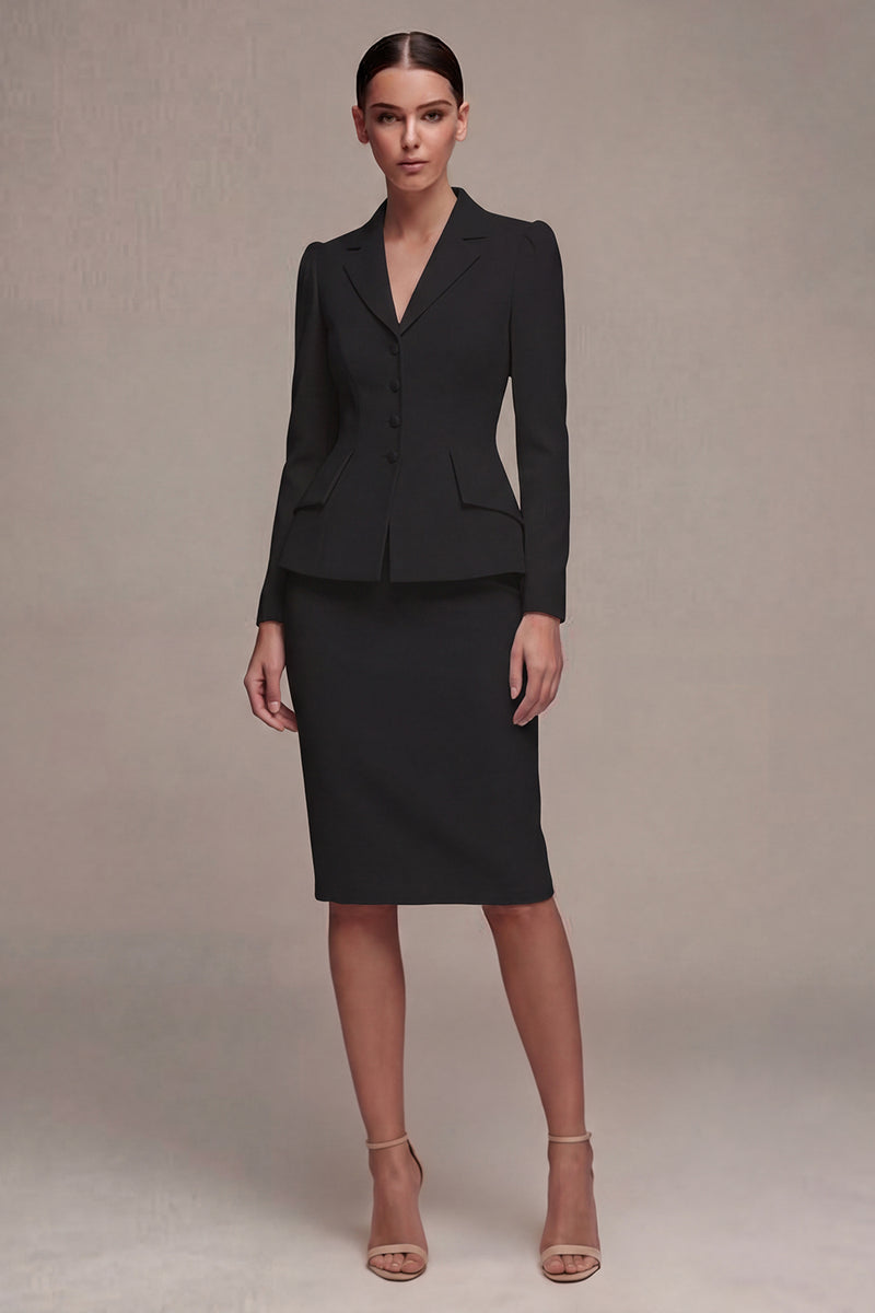 Laden Sie das Bild in den Galerie-Viewer, Elfenbeinfarbenes Langarmiges 2-teiliges Revers-Midi-Businesskleid mit Schlitz