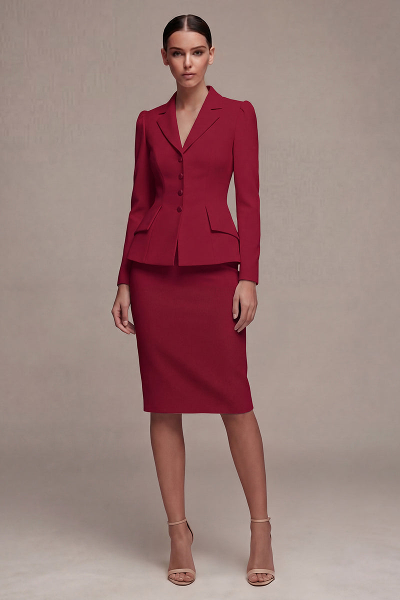 Laden Sie das Bild in den Galerie-Viewer, Elfenbeinfarbenes Langarmiges 2-teiliges Revers-Midi-Businesskleid mit Schlitz