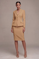 Laden Sie das Bild in den Galerie-Viewer, Elfenbeinfarbenes Langarmiges 2-teiliges Revers-Midi-Businesskleid mit Schlitz