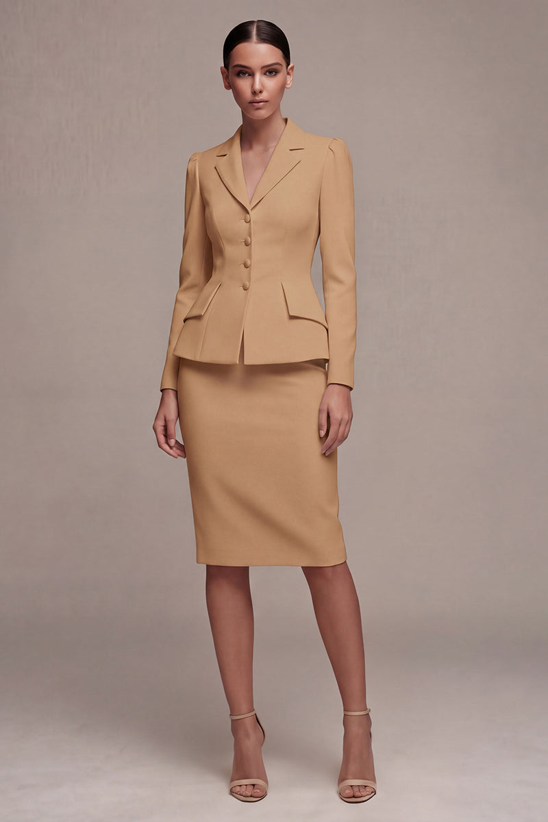 Laden Sie das Bild in den Galerie-Viewer, Elfenbeinfarbenes Langarmiges 2-teiliges Revers-Midi-Businesskleid mit Schlitz