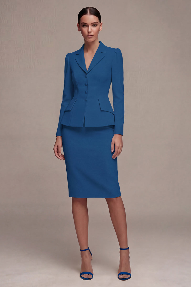 Laden Sie das Bild in den Galerie-Viewer, Elfenbeinfarbenes Langarmiges 2-teiliges Revers-Midi-Businesskleid mit Schlitz