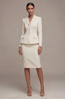 Laden Sie das Bild in den Galerie-Viewer, Elfenbeinfarbenes Langarmiges 2-teiliges Revers-Midi-Businesskleid mit Schlitz