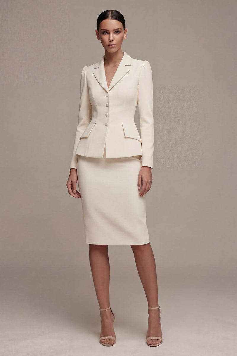 Laden Sie das Bild in den Galerie-Viewer, Elfenbeinfarbenes Langarmiges 2-teiliges Revers-Midi-Businesskleid mit Schlitz