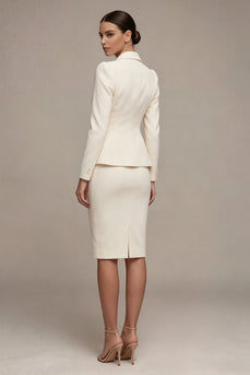 Elfenbeinfarbenes Langarmiges 2-teiliges Revers-Midi-Businesskleid mit Schlitz