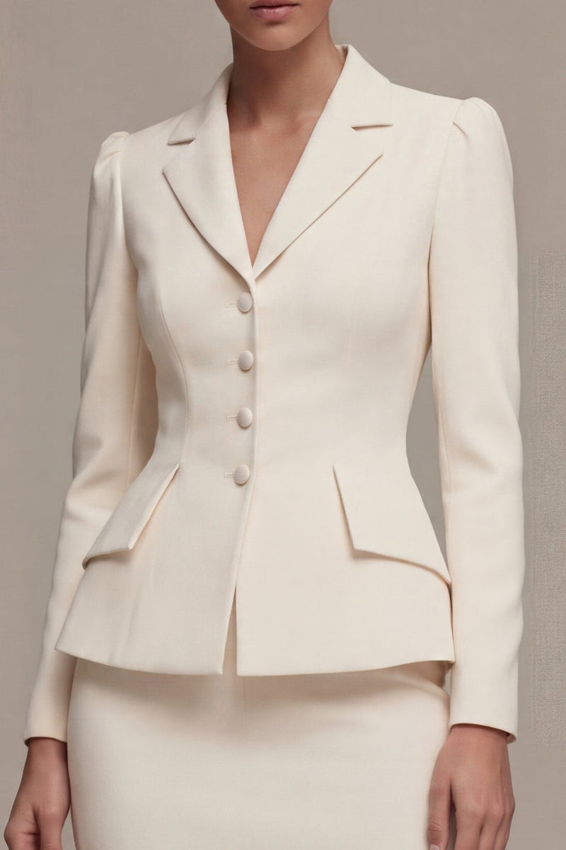Laden Sie das Bild in den Galerie-Viewer, Elfenbeinfarbenes Langarmiges 2-teiliges Revers-Midi-Businesskleid mit Schlitz