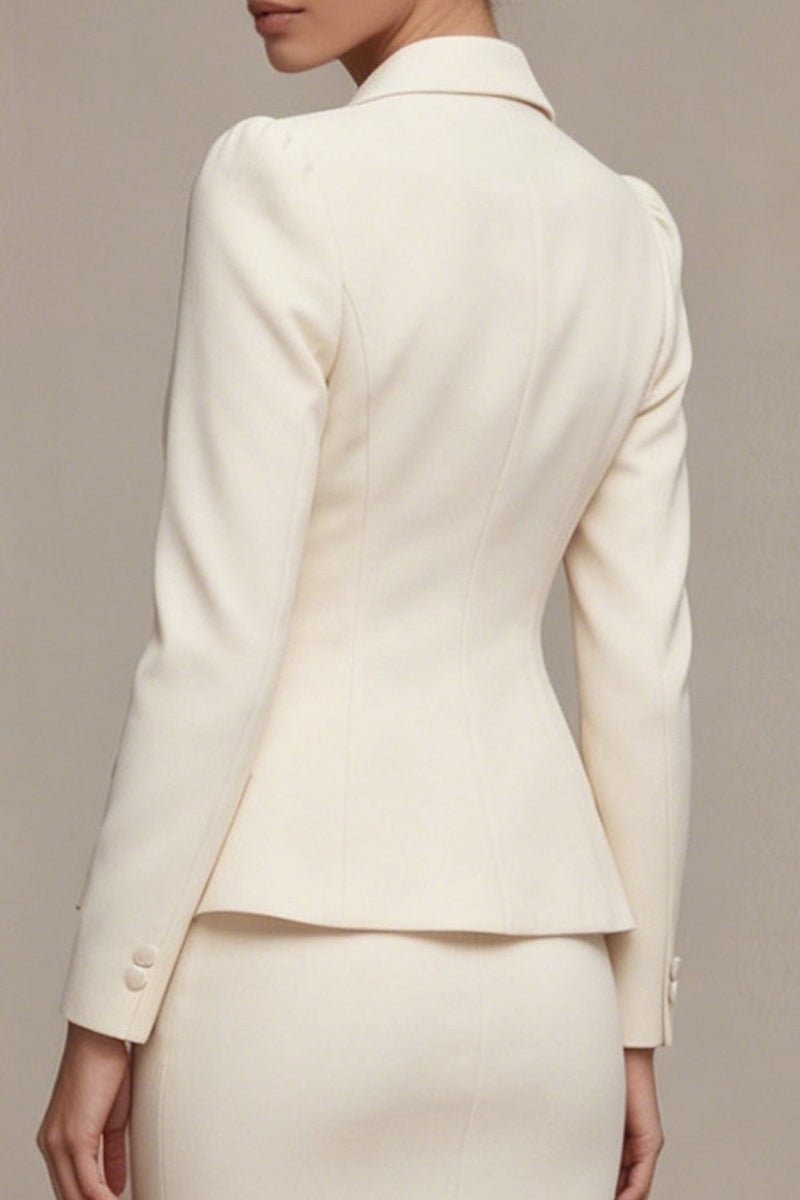 Laden Sie das Bild in den Galerie-Viewer, Elfenbeinfarbenes Langarmiges 2-teiliges Revers-Midi-Businesskleid mit Schlitz