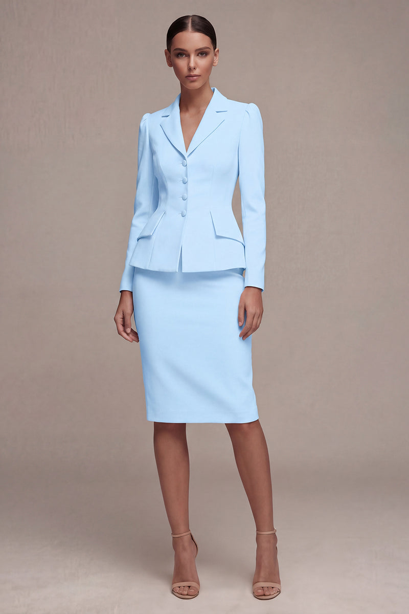 Laden Sie das Bild in den Galerie-Viewer, Elfenbeinfarbenes Langarmiges 2-teiliges Revers-Midi-Businesskleid mit Schlitz