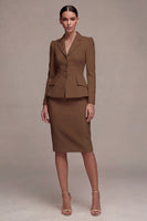 Laden Sie das Bild in den Galerie-Viewer, Elfenbeinfarbenes Langarmiges 2-teiliges Revers-Midi-Businesskleid mit Schlitz