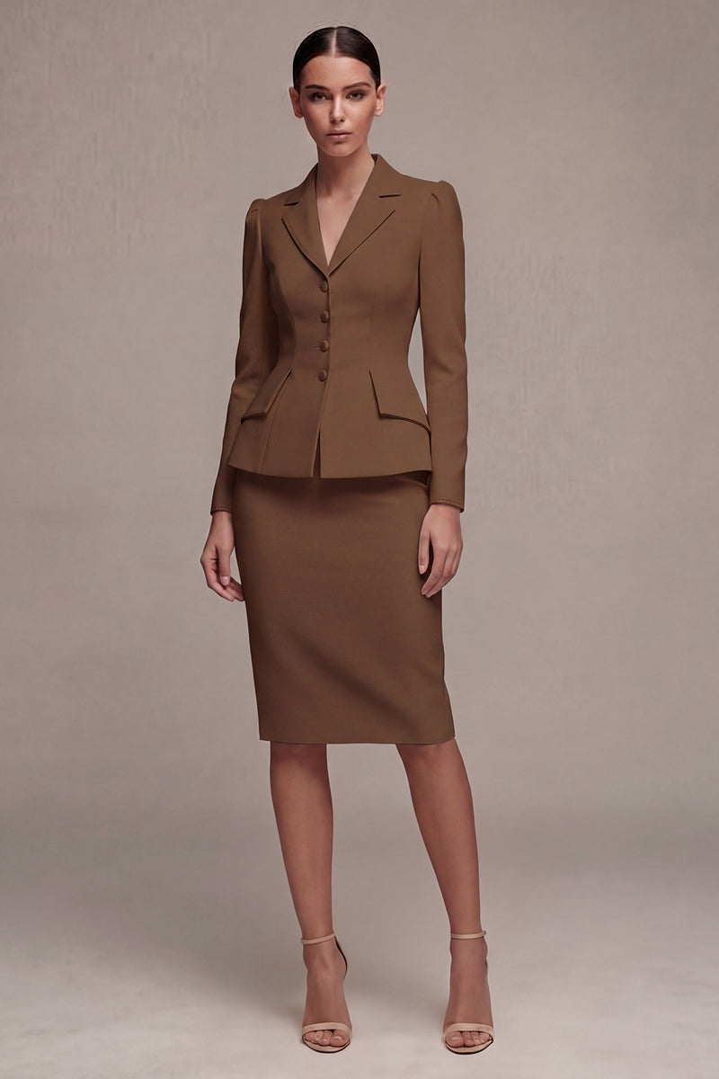 Laden Sie das Bild in den Galerie-Viewer, Elfenbeinfarbenes Langarmiges 2-teiliges Revers-Midi-Businesskleid mit Schlitz