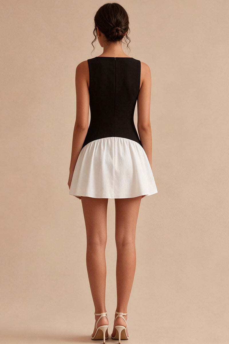 Laden Sie das Bild in den Galerie-Viewer, Schwarz-weißes A-Linie Satin-Minikleid