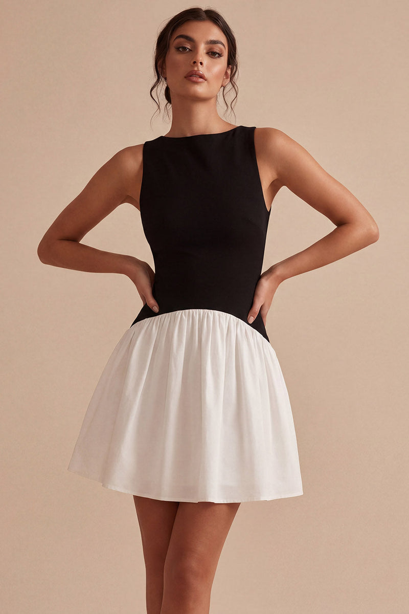 Laden Sie das Bild in den Galerie-Viewer, Schwarz-weißes A-Linie Satin-Minikleid