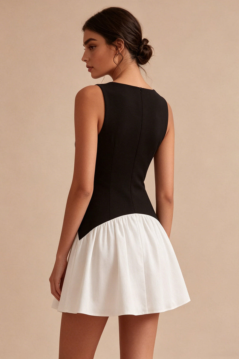 Laden Sie das Bild in den Galerie-Viewer, Schwarz-weißes A-Linie Satin-Minikleid