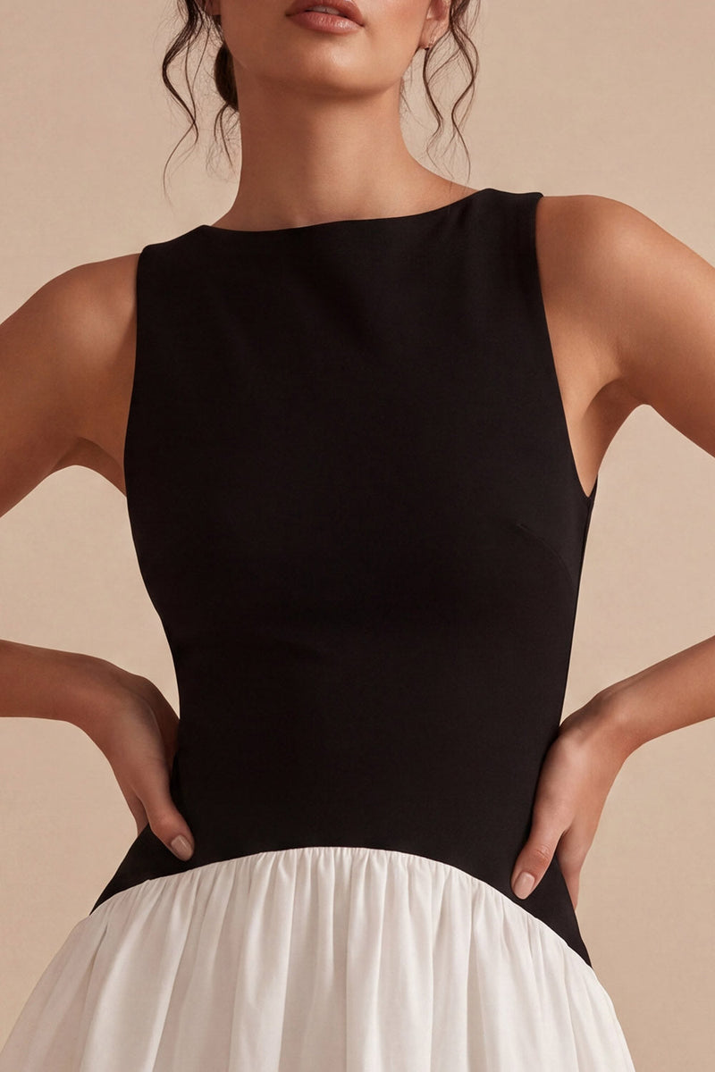 Laden Sie das Bild in den Galerie-Viewer, Schwarz-weißes A-Linie Satin-Minikleid
