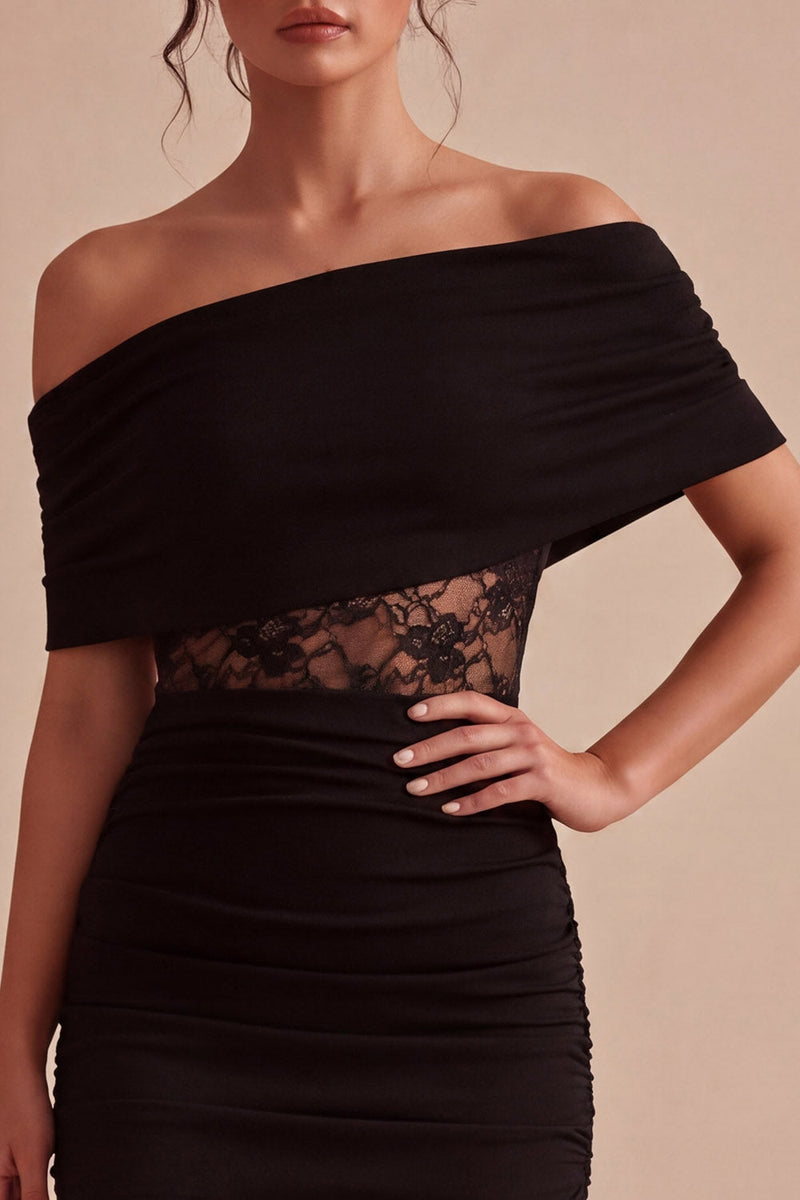 Laden Sie das Bild in den Galerie-Viewer, Off-the-shoulder schwarzes Spitzen-Bodycon-Minikleid