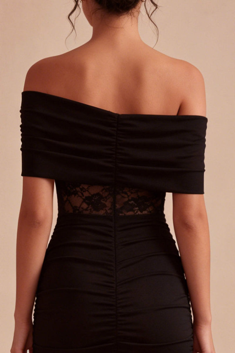 Laden Sie das Bild in den Galerie-Viewer, Off-the-shoulder schwarzes Spitzen-Bodycon-Minikleid