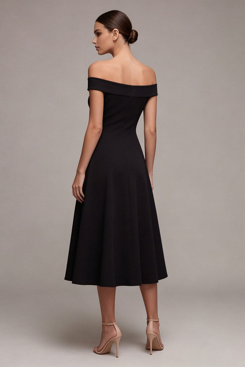 Laden Sie das Bild in den Galerie-Viewer, Ein Linien-Midi-Off-shoulder kleines schwarzes Kleid