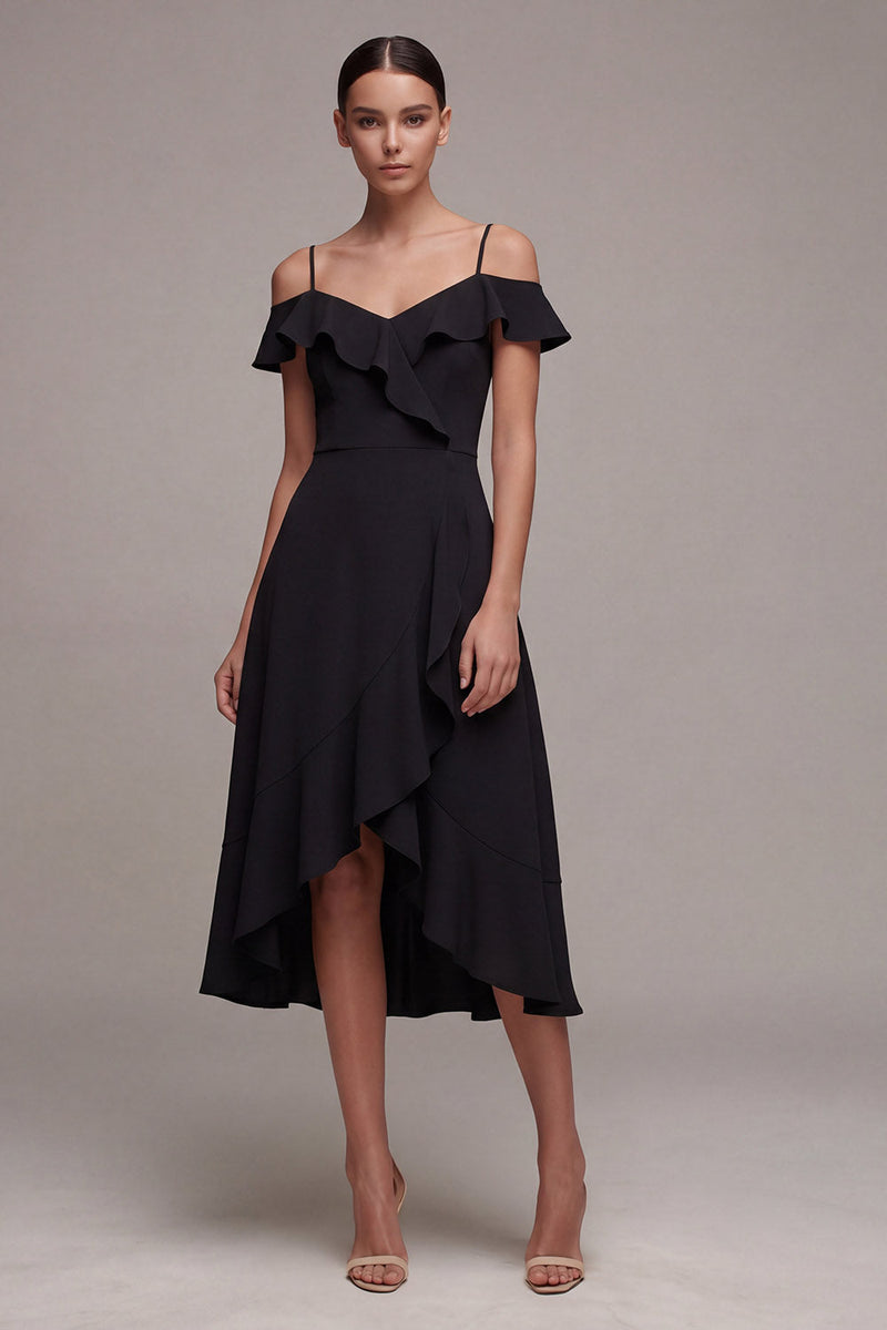 Laden Sie das Bild in den Galerie-Viewer, Cold Shoulder A-Linie hoch, tiefes schwarzes Kleid mit Rüschen