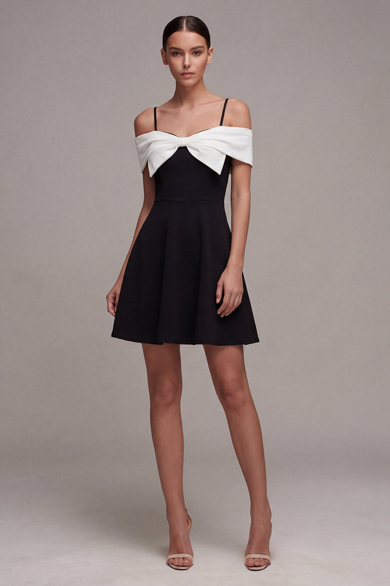 Laden Sie das Bild in den Galerie-Viewer, Schwarz-Weiß Cold-Shoulder A-Line Cocktailkleid mit Schleife