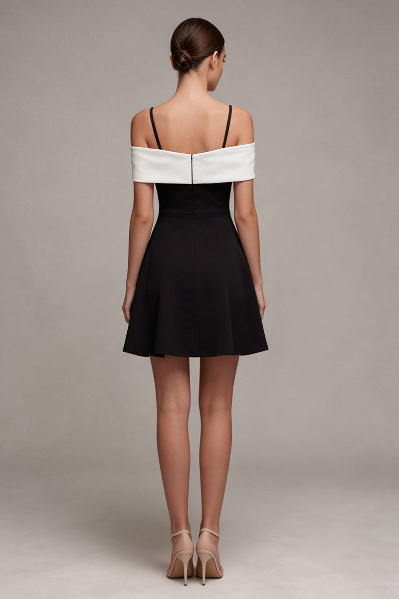 Laden Sie das Bild in den Galerie-Viewer, Schwarz-Weiß Cold-Shoulder A-Line Cocktailkleid mit Schleife
