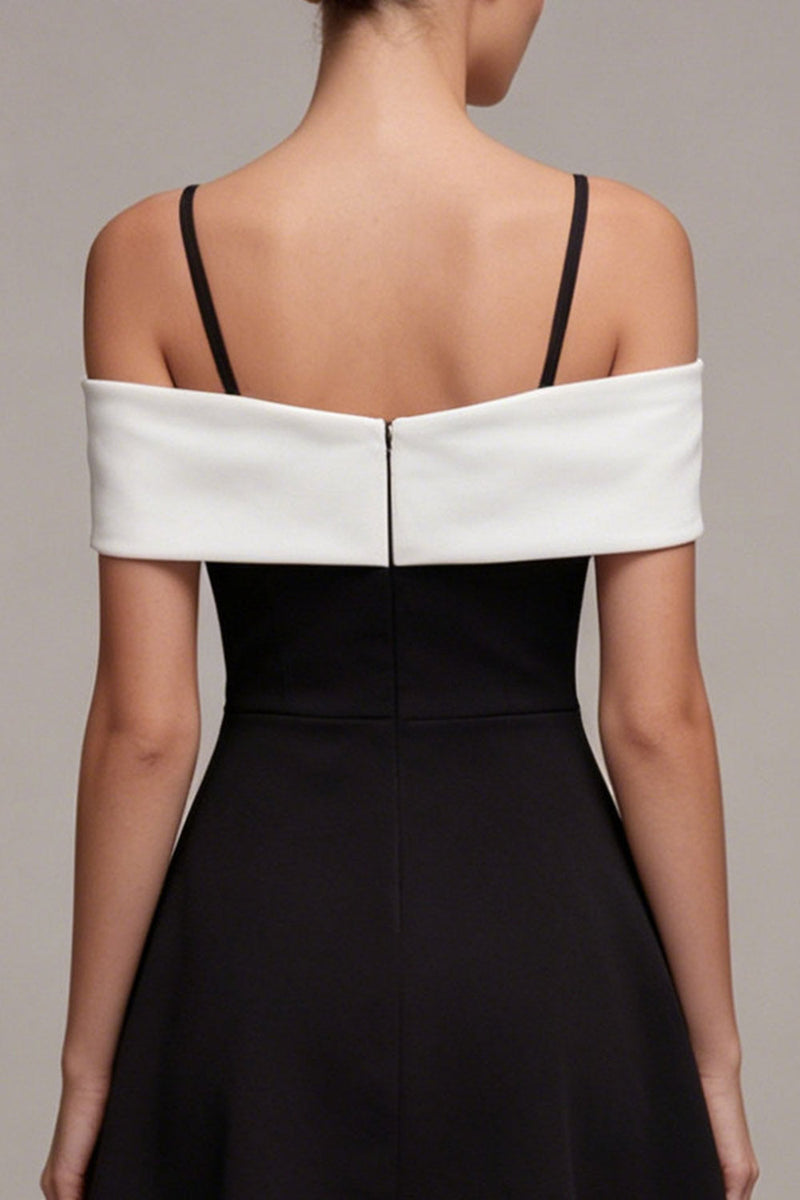 Laden Sie das Bild in den Galerie-Viewer, Schwarz-Weiß Cold-Shoulder A-Line Cocktailkleid mit Schleife