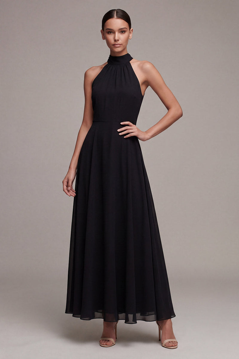 Laden Sie das Bild in den Galerie-Viewer, Schwarzes rückenloses Neckholder-A-Line-Langformkleid