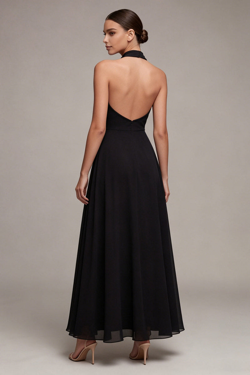 Laden Sie das Bild in den Galerie-Viewer, Schwarzes rückenloses Neckholder-A-Line-Langformkleid