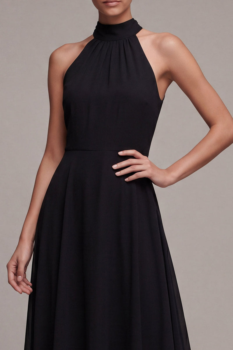 Laden Sie das Bild in den Galerie-Viewer, Schwarzes rückenloses Neckholder-A-Line-Langformkleid