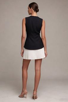 Rundhals-Schwarz-Weiß-A-Line-Cocktailkleid mit Falten