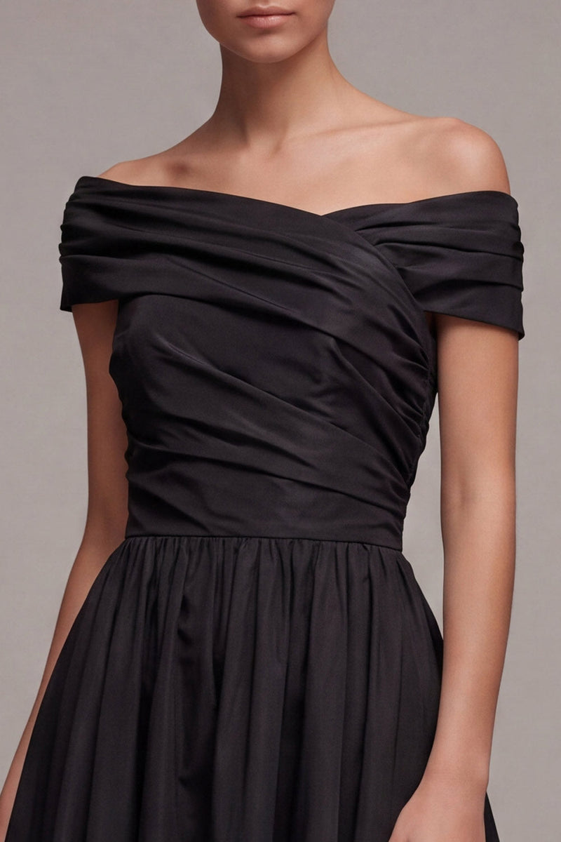Laden Sie das Bild in den Galerie-Viewer, Schwarz gerafftes Festkleid mit langer Linie über die Schulter