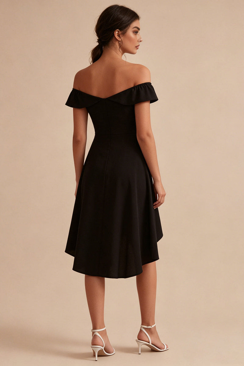 Laden Sie das Bild in den Galerie-Viewer, Hoch niedrig A-Linie von den Schultern Kleines schwarzes Kleid