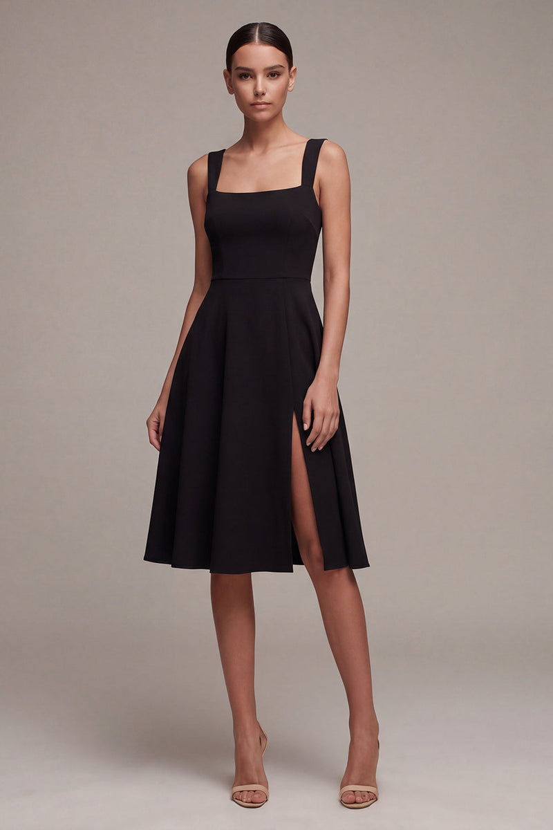 Laden Sie das Bild in den Galerie-Viewer, Schwarzes, quadratisches Halsausschnitt A-Linie Midi-Formelkleid mit Schlitz