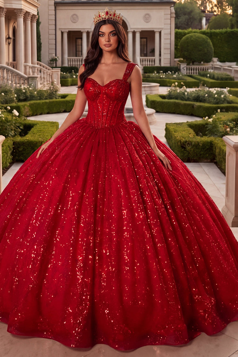Laden Sie das Bild in den Galerie-Viewer, Ballkleid Korsett, rote Pailletten-Quinceañera-Kleid