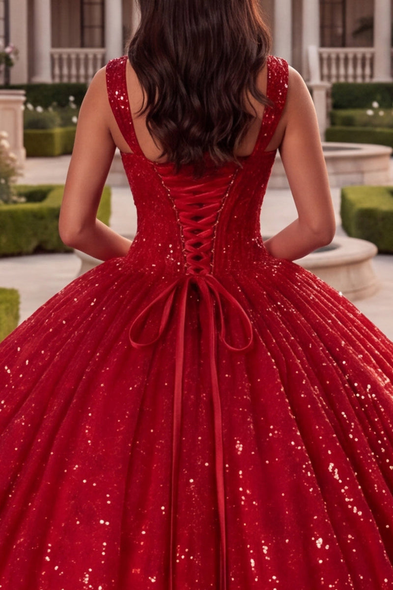 Laden Sie das Bild in den Galerie-Viewer, Ballkleid Korsett, rote Pailletten-Quinceañera-Kleid