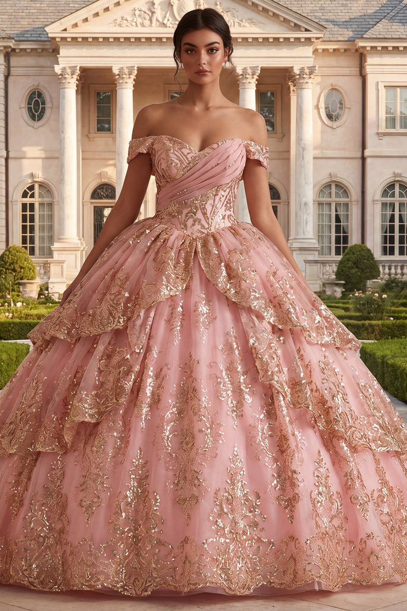 Laden Sie das Bild in den Galerie-Viewer, Schulterfreies, rosafarbenes Rüschenballkleid Quinceañera-Kleid